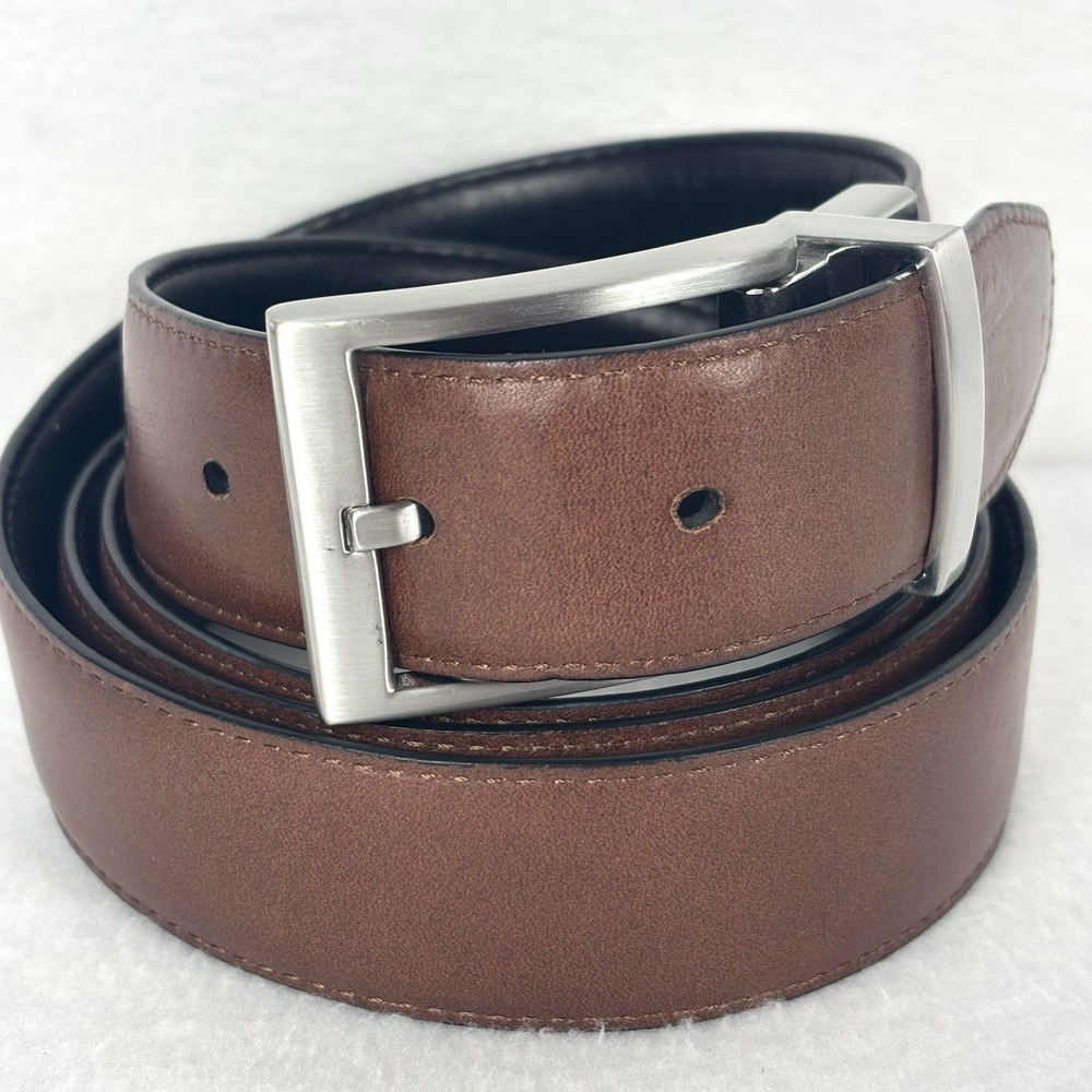 Land's End Brown/Black Leather Reversible Belt Silver Buckle Classic Men's Sz 46